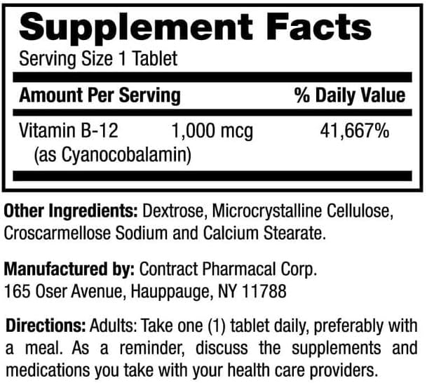 Compléments énergétiques Earth's Splendor, avec vitamine B12, sans colorant ni arôme artificiels, sans gluten, soutien du métabolisme énergétique (1000mcg, 200 comprimés)