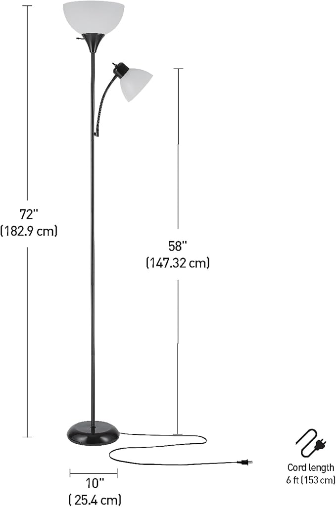 GLOBE Electric 67135 72" Floor Lamp with Adjustable Reading Light, Bright, Easy-to-Assemble Torchiere for Bedroom, Living Room & Office - Space-Saving Slim Design (Pack of 2)