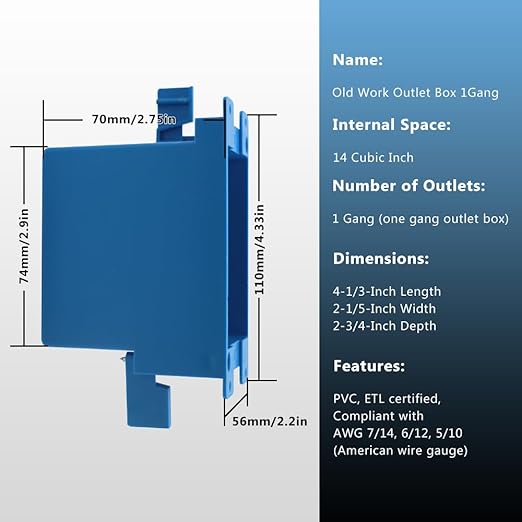 1-Gang 14cu.in.Blue Old Work Electrical Box,ETL,4-1/3-Inch Length by 2-1/4-Inch Width by 2-5/6-Inch Depth,PVC Outlet Box Single Gang,Wall Box for Switches Deep,for Home Renovation(12 Pack)