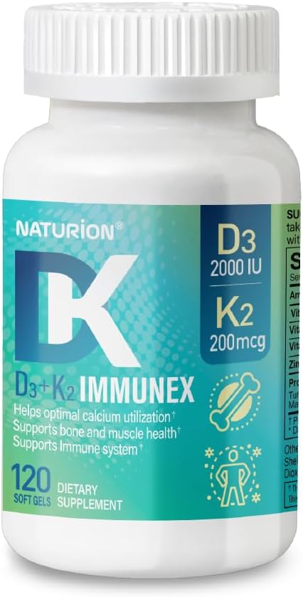 D3+K2 IMMUNEX – Vitamine D3 2000 UI, K1 25 mcg, K2 200 mcg, Zinc 6,25 mg, Mélange DK 31 mg – Soutient la santé immunitaire, le métabolisme du calcium, la fonction osseuse et musculaire – 120 gélules, approvisionnement de 120 jours