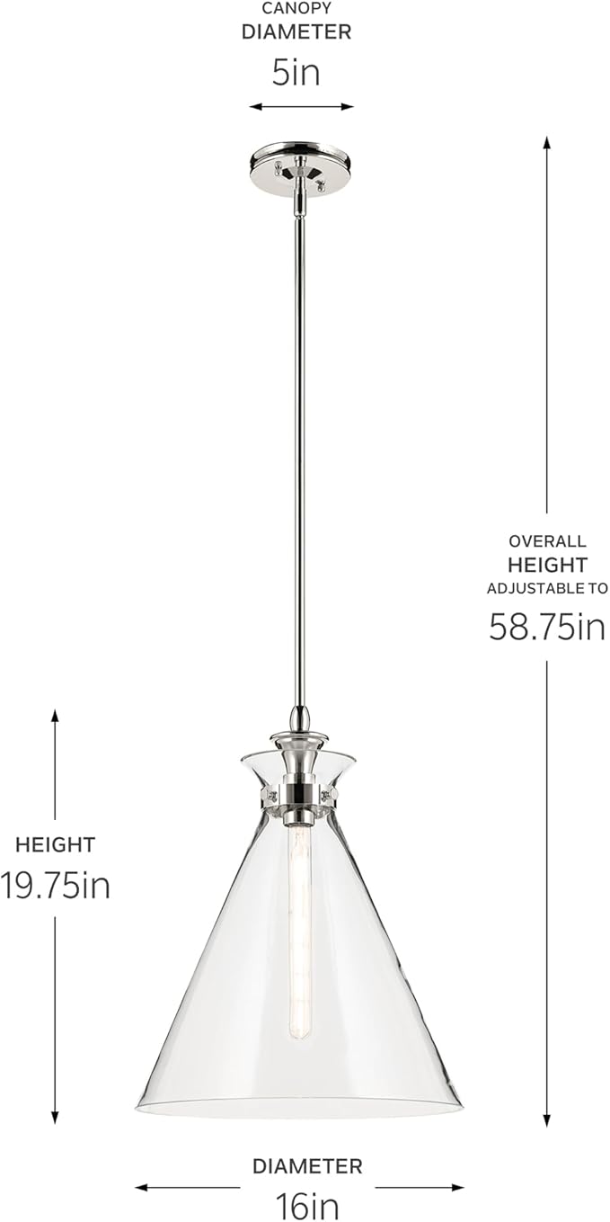 Kichler Laria 1-Light Pendant Light Fixture with Clear Glass in Polished Nickel, Kitchen Island Hanging Light for Traditional Spaces, Sloped Ceiling Compatible (19.75" x 16"), 52775PNCLR