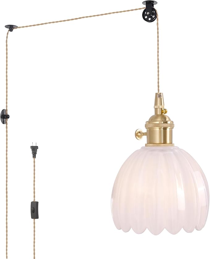Shenmoyl Plug in Pendant Light Hanging Light Fixture Corded On/Off Switch Brass Pendant Light with White Tulip Glass Lampshade for Bedroom Living Room Kitchen Island