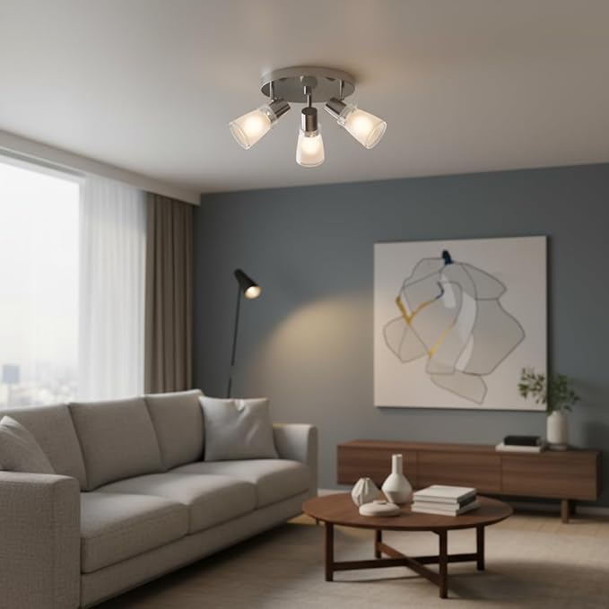 10” Track Lighting Kit, Brushed Nickel Finish Flush Mount Ceiling Light Fixture with Frosted Glass Shades, E26 Base Adjustable Heads Provide Directional Light (3-Light)