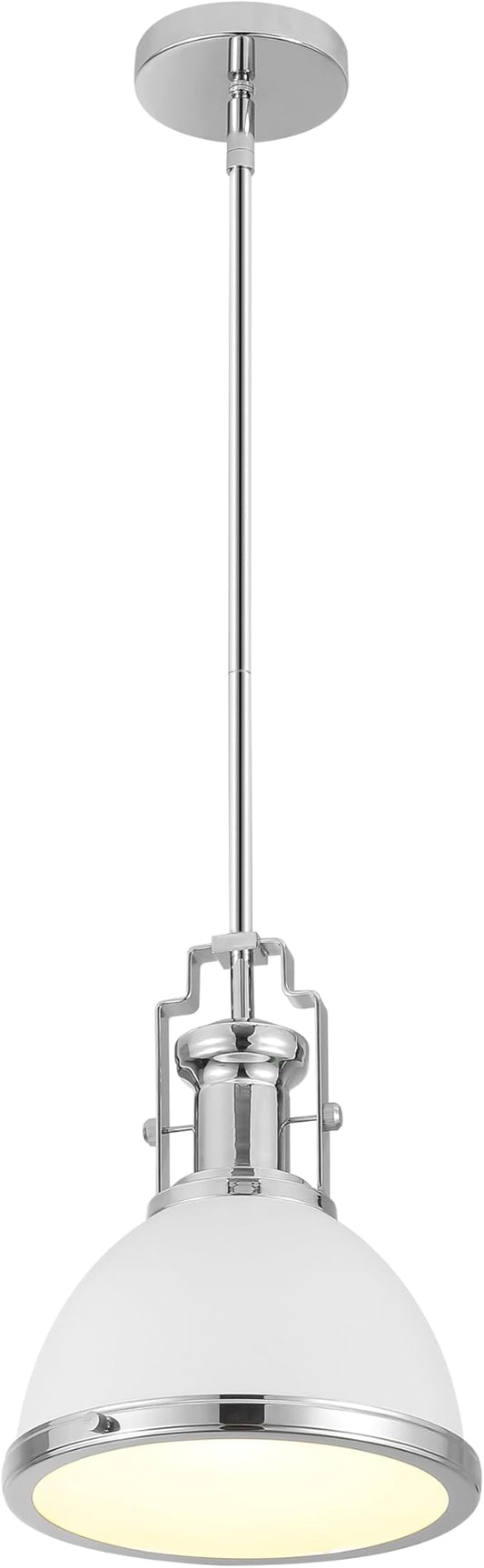 JONATHAN Y 10" Chrome/White Modern Industrial Iron LED Dome Pendant Light, Adjustable Hanging Fixture for Kitchen Island or Entryway, White Metal Shade, LED Bulb Included (JYL9535C)