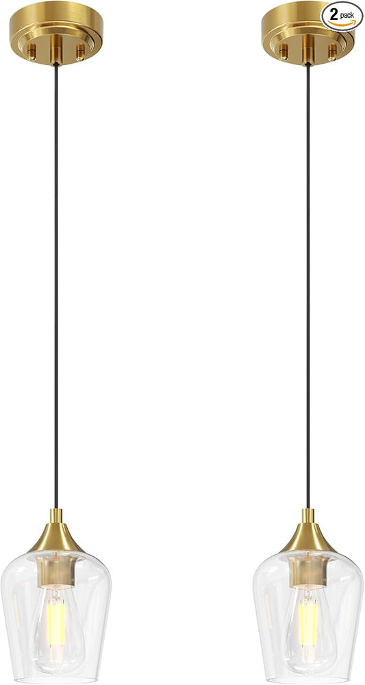 VONLUCE Pendant Lights Kitchen Island, Brushed Gold Pendant Light Fixtures with E26 Base & Adjustable Cable, Modern Pendant Lighting with Glass Shade for Living Room Bedroom Hallway, 2 Packs