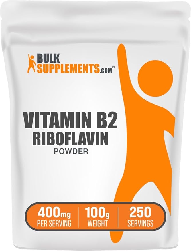 BulkSupplements.com Poudre de riboflavine - sous forme de vitamine B2, supplément de vitamine B2 - riboflavine 400mg, vitamines B pour le bien-être, sans gluten, 400mg par portion, 100g (3,5 oz) (lot de 1)