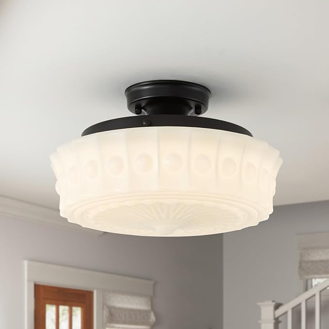 youngrender 14" Milk Glass Schoolhouse Light Fixture, Vintage Black Flush Mount Ceiling Light,Mid Century Schoolhouse Ceiling Light for Bedroom Kitchen Hallway Entryway Foyer