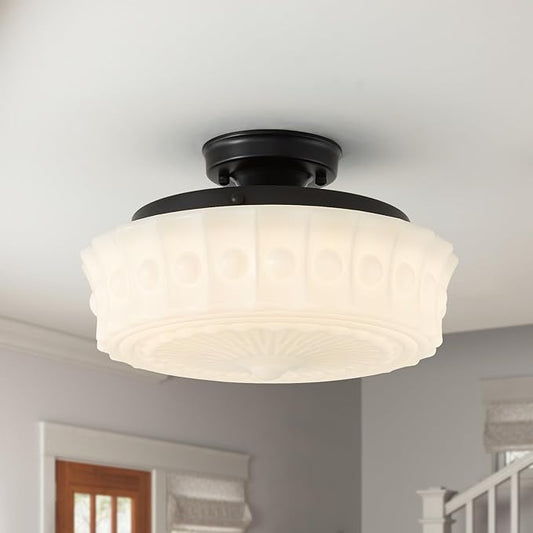 youngrender 14" Milk Glass Schoolhouse Light Fixture, Vintage Black Flush Mount Ceiling Light,Mid Century Schoolhouse Ceiling Light for Bedroom Kitchen Hallway Entryway Foyer