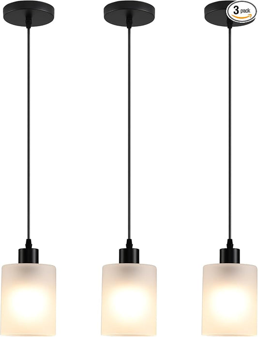 3-Pack Industrial Pendant Lighting, Modern Frosted Glass Shade Farmhouse Adjustable Hanging Light Fixtures for Kitchen Island Living Room Bedroom Hallway