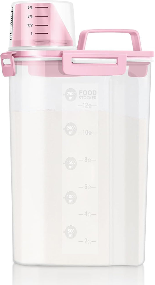 LEAWALK Airtight Rice Storage Container, 3 to 5Lbs Cereal Dry Food Flour and Sugar Bin, Pet Dog Cat Food Dispenser with Measuring Cup, BPA Free Clear Plastic Kitchen and Pantry Organization Bin-Pink