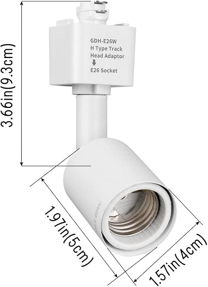mirrea H Type Track Lighting Head to E26 Medium Screw Base Adapter Light Direction Adjustable Pack of 6 (White)