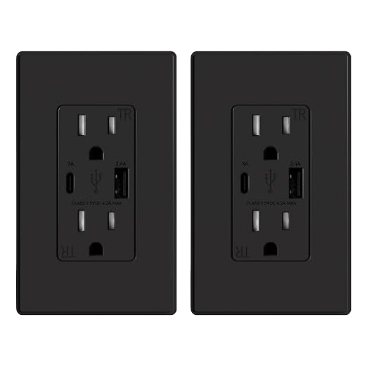 ELEGRP USB Charger Wall Outlet, USB Receptacle with Type A & Type C USB Ports, 15 Amp Duplex Tamper Resistant Receptacle Plug NEMA 5-15R, Wall Plate Included, UL Listed (2 Pack, Matte Black)