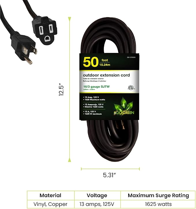 Power By GoGreen Go Green Power Inc. 16/3 50ft Black Outdoor Extension Cord - Durable, Heavy Duty, Moisture Resistant - Ideal for Tools & Equipment - GG-13750BK