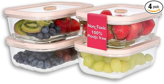 Ziruma Non-Toxic Glass Food Containers with Lids, 4-Pack, 21 oz, Beige | Plastic & BPA free. Glass body, glass lid & platinum silicone seal. Airtight & leakproof. Freezer & microwave safe