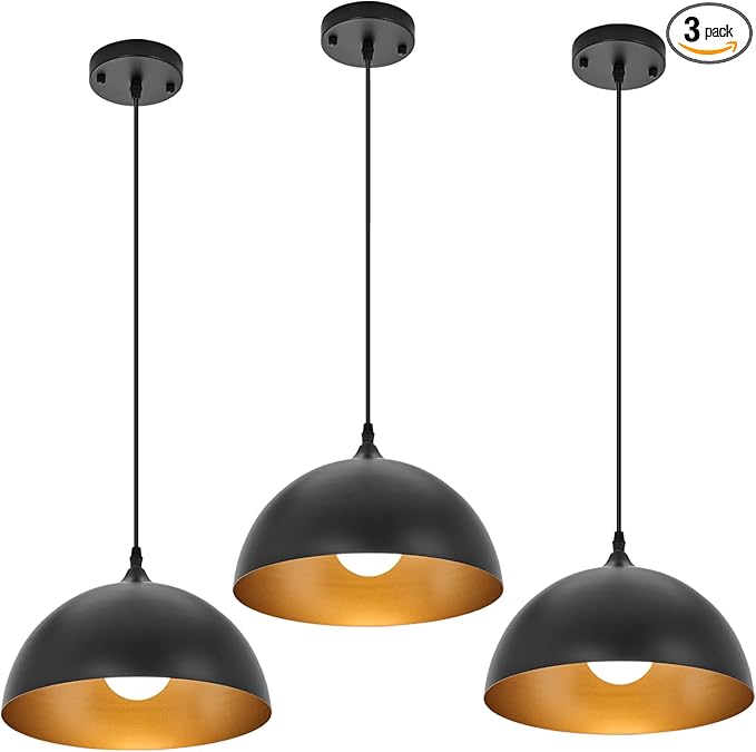 Industrial Pendant Light Fixtures,11.8" Black Dome Pendant Lights,Adjustable Vintage Hanging Lamp for Kitchen Island Restaurant Bar Cafe Dining Room Sink,3 Pack