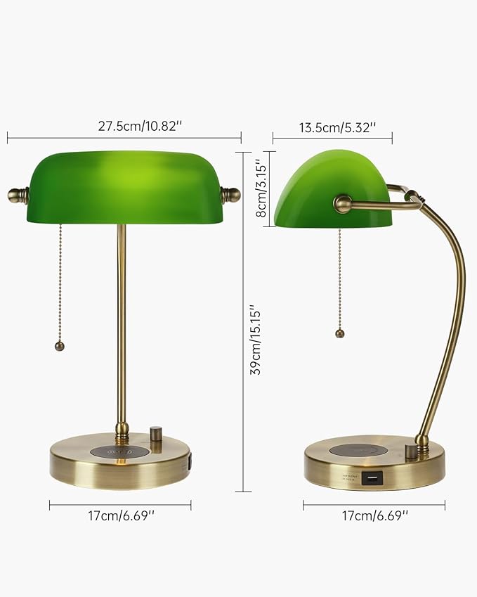 Green Glass Bankers Desk Lamp with Wireless Charger, USB Charging Port for Home Office,Stepless Dimmable Table Lamp Plug in Fixture,LED Bulb Included