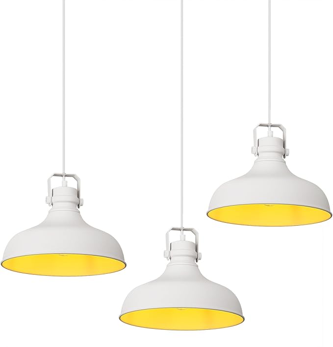 White Farmhouse Pendant Lights Matte Pendant Lighting for Kitchen Island Industrial Adjustable Height Vintage Dome Hanging Light Fixtures for Barn, Dining Room 3 Packs JF2113-P3-W