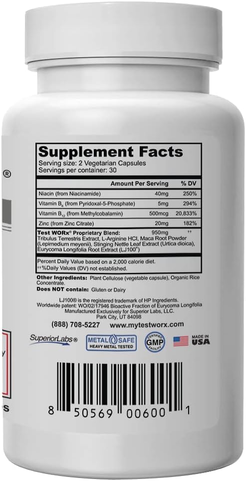 Superior Labs Test Worx Natural Testosterone Booster Supplement with Clinically Proven LJ100 and 8 Other Powerful Ingredients - Noticeable Increase in Energy, Stamina, Recovery, Sleep and Mood