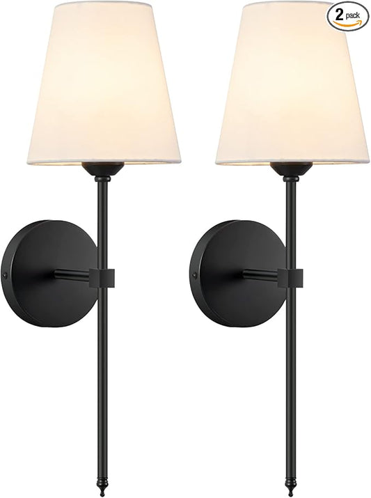 KUAUGST Wall Sconces Sets of 2, Retro Industrial Wall Lamps, Bathroom Vanity Sconces Wall Lighting with White Fabric Shade, Suitable for Bedroom Living Room Corridor Kitchen