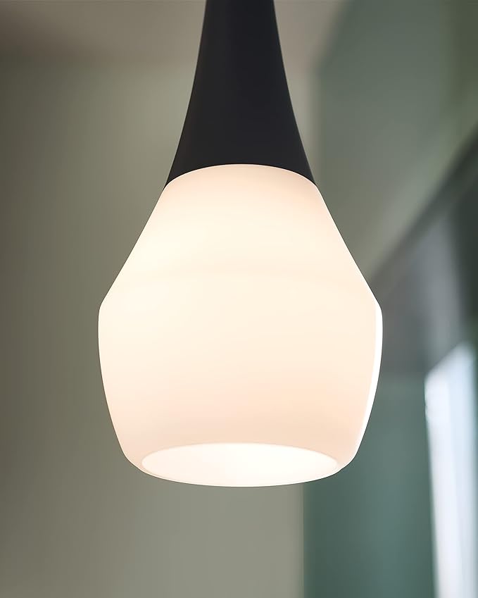 Kichler Deela 1-Light Pendant Light Fixture with Satin Etched Cased Opal Glass in Black, Modern Hanging Ceiling Light for Kitchen Island, Dining Room or Living Room (7" x 17"), 52529BK