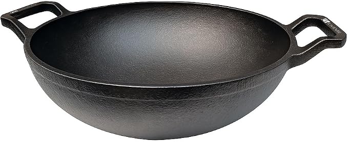 LIVEVIE Cast Iron Deep Kadai Wok with Dual Handles, Heavy-Duty Cooking Pot for Deep Frying, Stir-Frying, Curries – Gas, Grill & Open Flame Compatible, 10 Inch