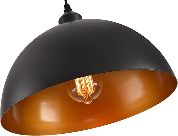 Plug in Pendant Light 2 Pack Industrial Hanging Lamp with Golden Finish Inside Black Vintage Pendant Lighting Fixtures with 15ft Cord On/Off Switch