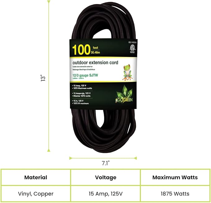 Go Green Power Inc. (GG-14000BK) 12/3 SJTW Outdoor Extension Cord, Black, 100 ft