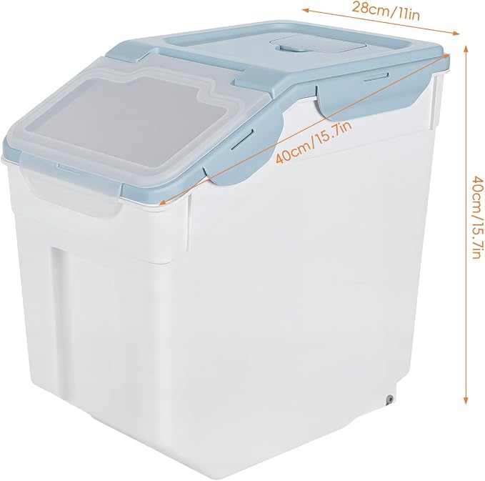 Rice Storage Container 55 lbs, Airtight Flour Storage Container w/ 6 Snaps & Silicone Seal, Slanted Open & Clear Lid, 2 Wheels for Easy Move,Food & Cereal Storage,Cooking 2-Pack w/ Measuring Cup Blue