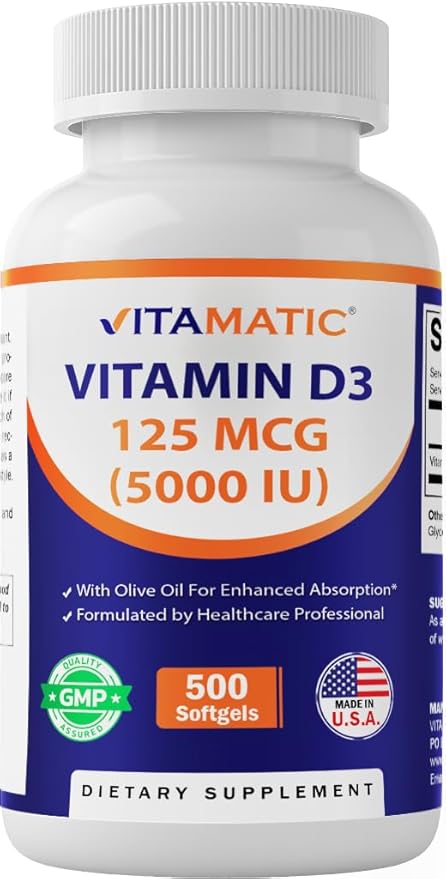 Vitamatic Vitamine D3 5000 UI (125 mcg) – 500 mini capsules molles à base d'huile d'olive – Pressée à froid – Approvisionnement de 500 jours – Soutient la santé des os, des muscles et du système immunitaire – Sans OGM et sans gluten
