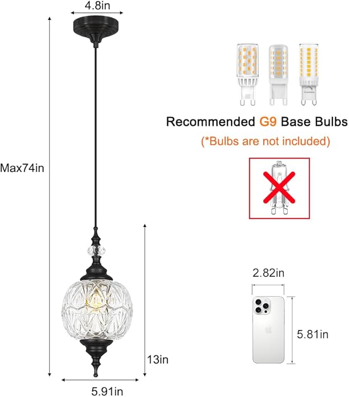 Pendant Lights Kitchen Island 2 Pack, Black Vintage Pendant Light with Detachable Glass Shade, Adjustable Hanging Light for Kitchen Island Lighting, Bathroom, Farmhouse, G9 Base (Bulbs Not Included)