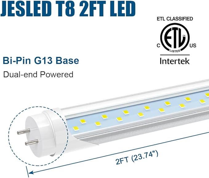 JESLED 2FT T8 LED Tube Light, 12W(30W Equivalent), 1680LM, 6000K, Ballast Bypass, 24 Inch F20T12 Fluorescent Bulb Replacement, Dual Ended, 24” Lighting Tube Fixture (4-Pack)
