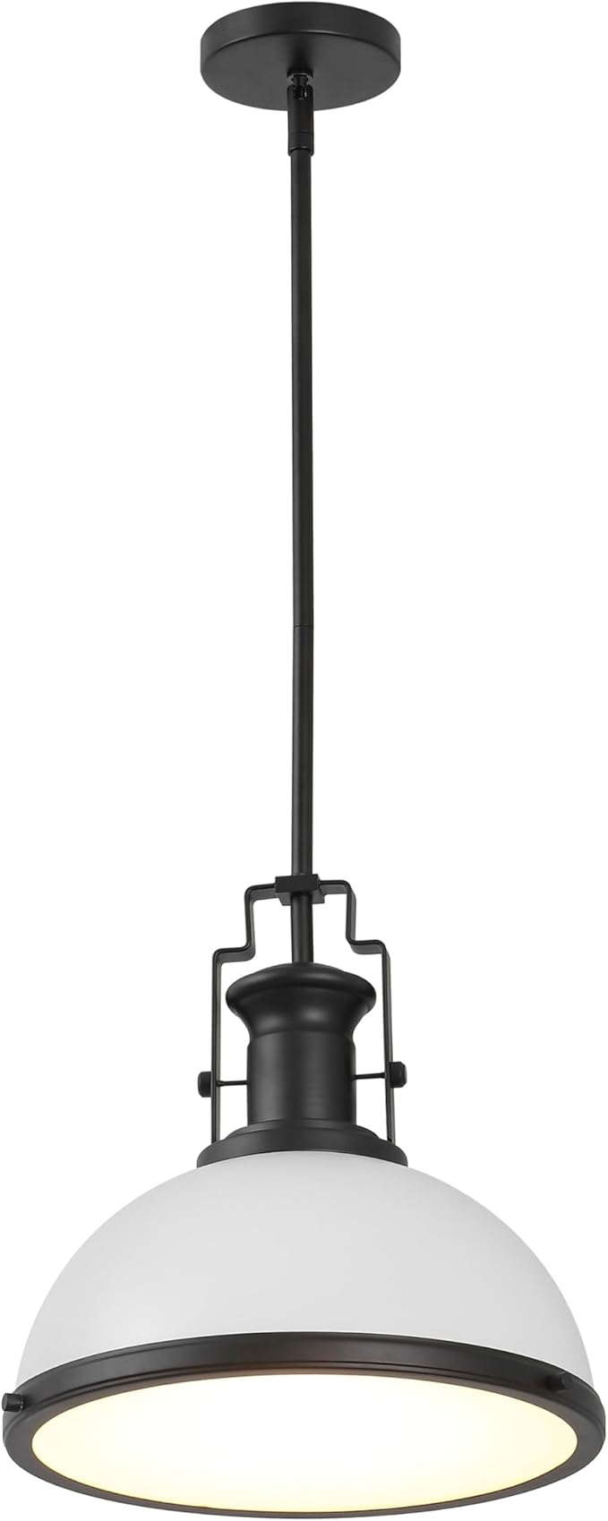 JONATHAN Y 13" Matte Black/White Modern Industrial Iron LED Dome Pendant Light, Adjustable Hanging Fixture for Kitchen Island or Entryway, White Metal Shade, LED Bulb Included (JYL9536E)