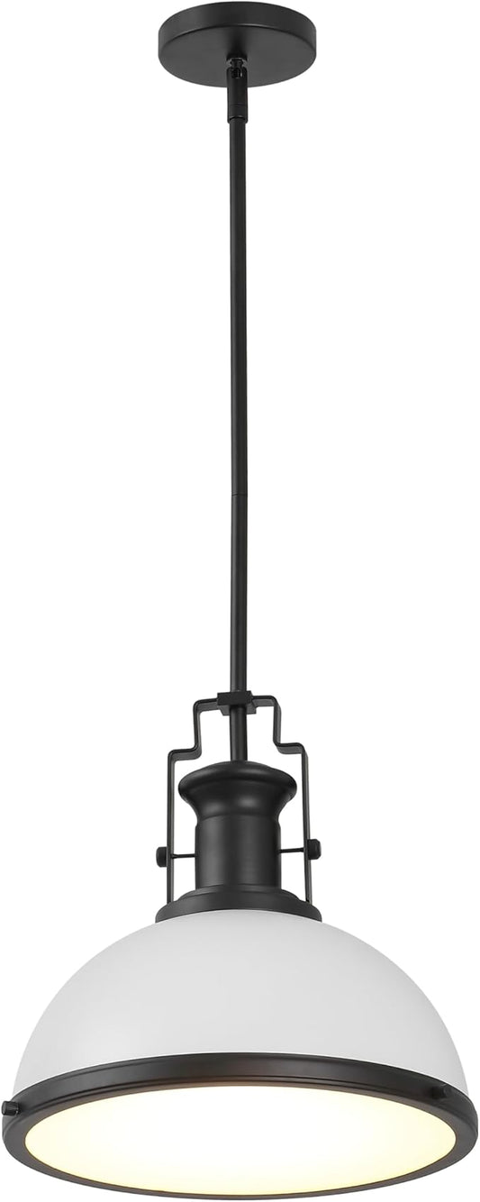 JONATHAN Y 13" Matte Black/White Modern Industrial Iron LED Dome Pendant Light, Adjustable Hanging Fixture for Kitchen Island or Entryway, White Metal Shade, LED Bulb Included (JYL9536E)