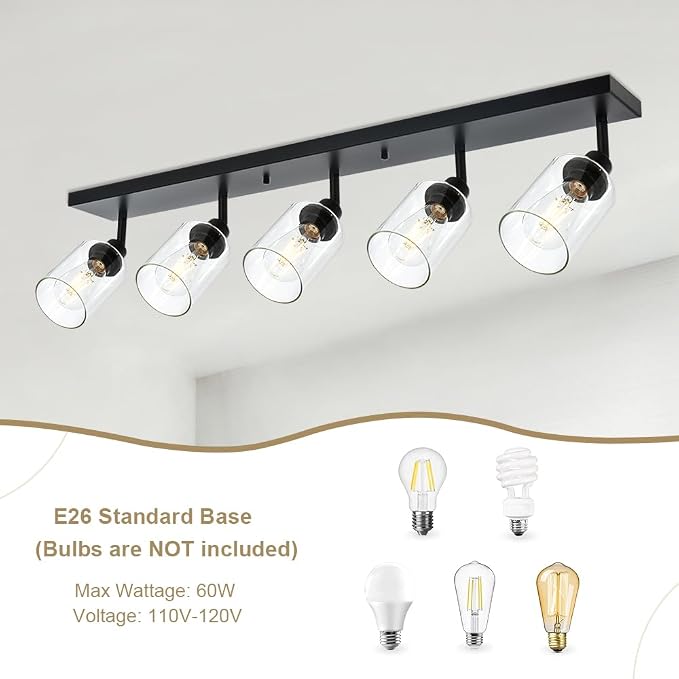5 Light Black Bathroom Spotlight Fixture with Rotatable Light Head Indoor Vanity Lighting with Clear Glass Shade Metal Ceiling Mount Fixture
