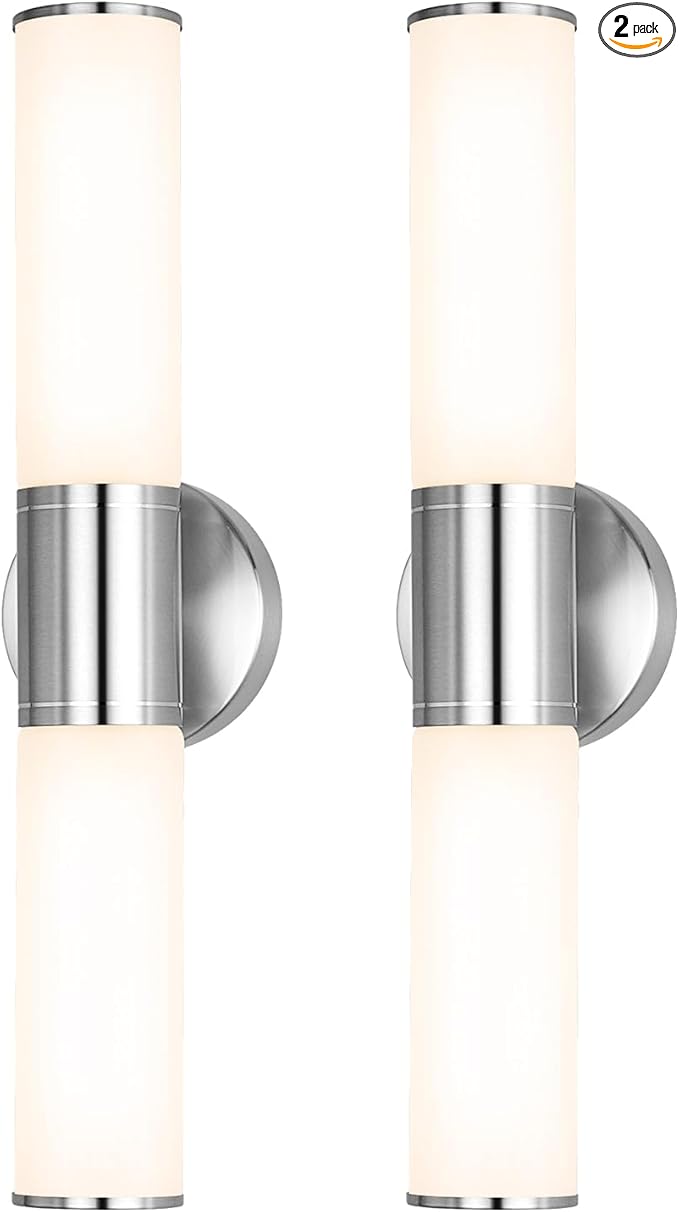 2-Light Bathroom Vanity Lighting Fixture, Brushed Nickel Wall Sconce with Opal White Glass, E26 Stocket Indoor Wall Lamp, Modern Mirror Light. 2 Pack