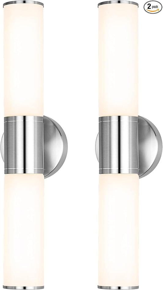2-Light Bathroom Vanity Lighting Fixture, Brushed Nickel Wall Sconce with Opal White Glass, E26 Stocket Indoor Wall Lamp, Modern Mirror Light. 2 Pack