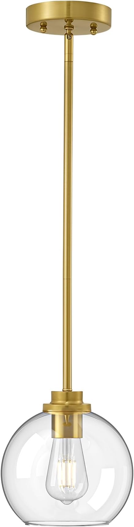 EDISHINE Pendant Lights Kitchen Island, Modern Gold Hanging Light Fixture with Clear Glass Globe Shade, Hardwired Adjustable Metal Rod for Dining Room, Entryway, 1 Pack
