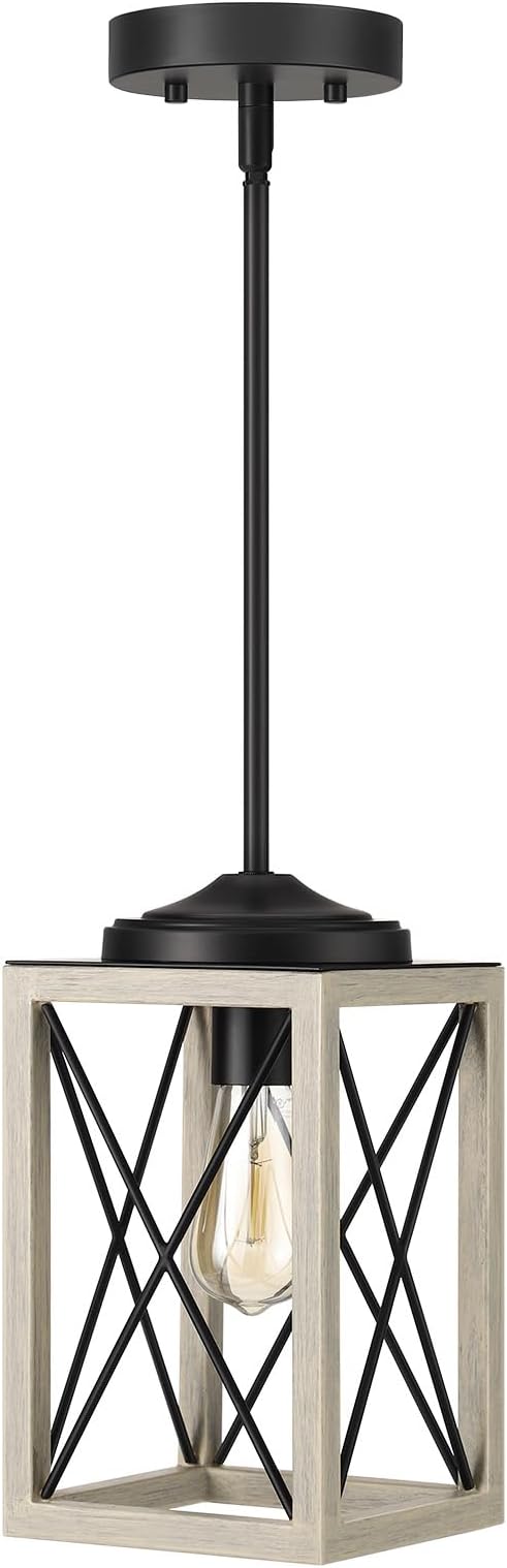 DEWENWILS Farmhouse Pendant Light, Metal Hanging Light Fixture with Wooden Grain Finish, 48" Adjustable Pipes for Flat and Slop Ceiling, Kitchen,Island, Living Room, Bedroom, E26 Base