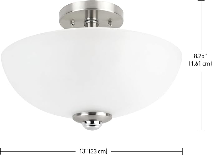 Globe Electric 63357 13 in. 2-Light Semi-Flush Mount Ceiling Light, Brushed Nickel, Chrome Accents, Frosted Glass Shade