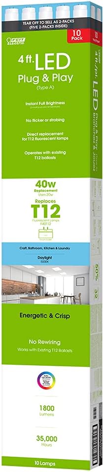 Feit Electric 4 Ft. 40W Equivalent (20W), Daylight 5000K, T12 Direct Replacement Linear LED Tube Light Bulb, T1248/850/LEDG2/2/5, 10 Count