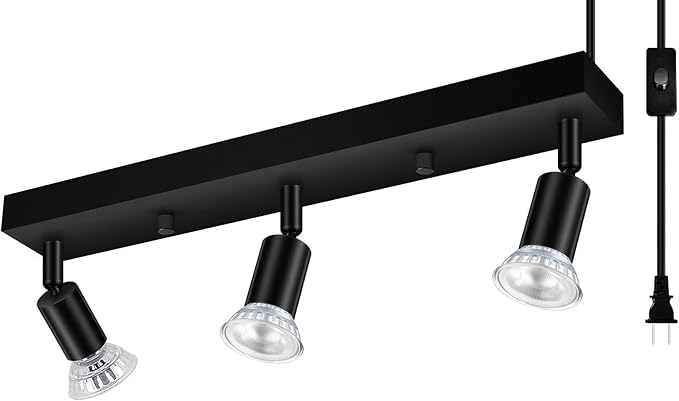 3 Head Plug in Track Light Fixture Black, Easy Install Corded Track Lighting Kit with Switch, Adjustable Directional Spotlight for Kitchen Island Closet Art Display, Modern Ceiling Lamp,15ft Cord
