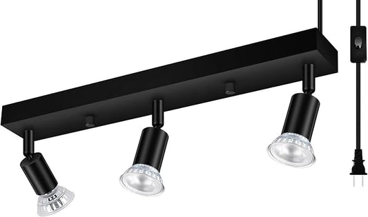 3 Head Plug in Track Light Fixture Black, Easy Install Corded Track Lighting Kit with Switch, Adjustable Directional Spotlight for Kitchen Island Closet Art Display, Modern Ceiling Lamp,15ft Cord