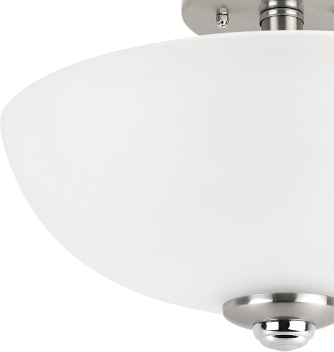 Globe Electric 63357 13 in. 2-Light Semi-Flush Mount Ceiling Light, Brushed Nickel, Chrome Accents, Frosted Glass Shade