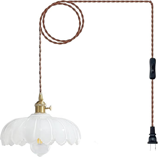 XZHGCEE Plug in Pendant Light: Milk Glass Hanging Light Plug in Hanging Lamp, White Pendant Lighting for Kitchen Island, Bedroom, Dining Room, Living Room, E26 No Bulb