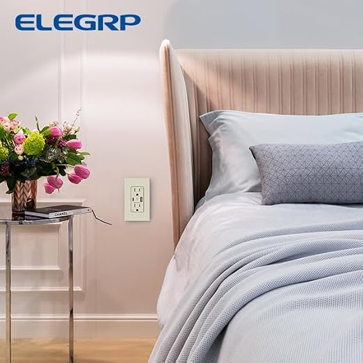 ELEGRP Wall Outlet With USB A & C Ports, 15 Amp Duplex Tamper Resistant Receptacle Plug NEMA 5-15R, Wall Plate Included, UL Listed, 10 Pack, Matte Light Almond