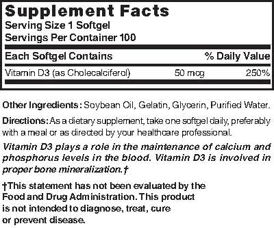 Nature's Blend Vitamine D3 50 MCG (2000 UI) Facile à Avaler, 100 GÉLULES