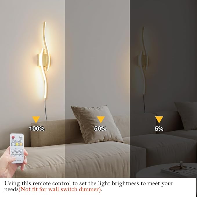 Daunton Modern Gold Plug in Wall Sconce Set of 2, Indoor Dimmable Light Fixture with Plug in Cord for Living Room, LED Sconces Lighting with Remote Control, Wall Lighting Decor for Hallway Bedroom