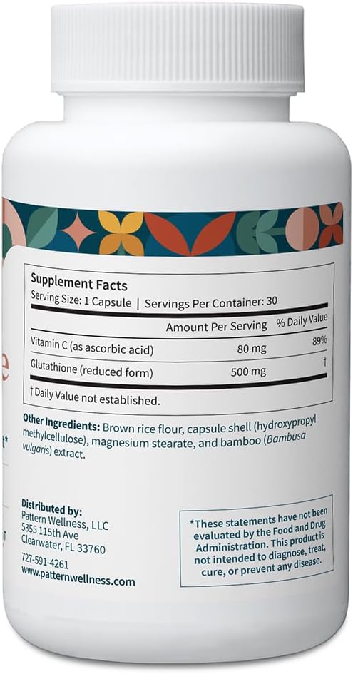 Pattern Wellness Glutathione Supplement - Active Reduced Glutathione Formula with Added Vitamin C - Cell, Antioxidant, + Immune Health Support - 30 Vegan Capsules