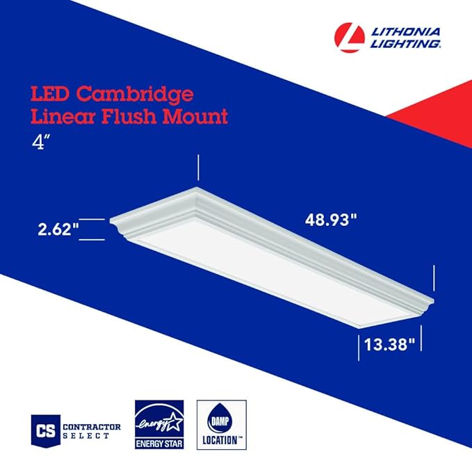 Lithonia Lighting Cambridge 4 Foot LED Kitchen Light Fixture, Linear Flush Mount Ceiling Light Fixture, 4000K Cool White, 3300 Lumens, 120 Volts, 39 Watts, Damp Listed, White (FMFL 30840 CAML WH)