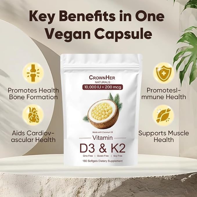 Crown Her Naturals D3 K2, Real Good Essentials Vitamin d3 k2 10000 IU+ K2 200 mcg MK-7, Coconut Oil, Extra Strength, Bone & Immune Support, 180 Softgels